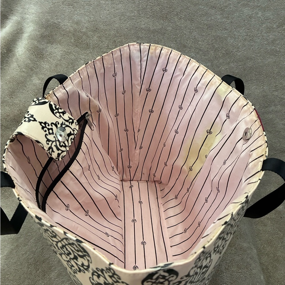 Brighton Damask Print Tote Bag Beige Black Burgundy, Logo Accent, Inner Pockets - Picture 7 of 8